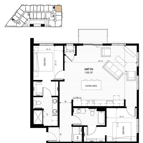 Floor plan for 2 beds, 2 baths, 1180 sqft